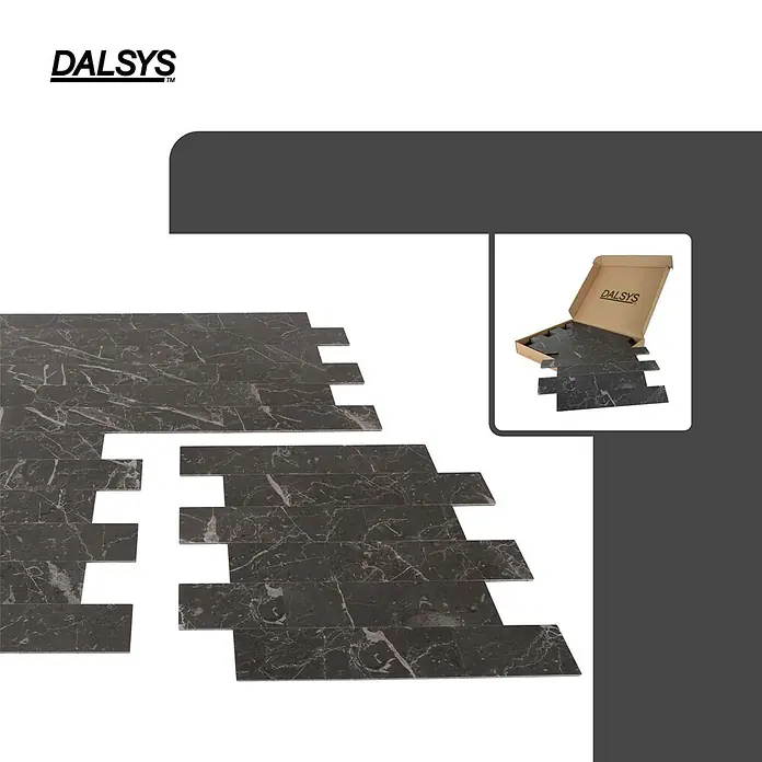 Dalsys Wandfliese 1m² Selbstklebende Fliesen Stein- und Marmor Optik 11 Stück Anthrazit - 29,3 x 28,9 cm, Anthracite - Dunkelgraue Mosaikfliesen in Marmoroptik, teils ausgelegt, teils in einer DALSYS Box.