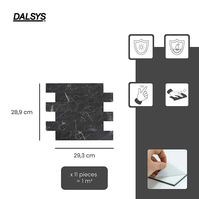 Dalsys Wandfliese 1m² Selbstklebende Fliesen Stein- und Marmor Optik 11 Stück Anthrazit - 29,3 x 28,9 cm, Anthracite - Selbstklebende dunkelgrau/schwarze Marmorfliesen mit weißer Äderung, 28,9 x 29,3 cm. 11 Stück ergeben 1 m².