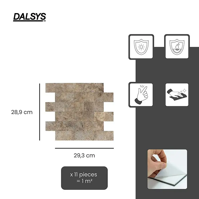 Dalsys Wandfliese 1m² Selbstklebende Fliesen Stein- und Marmor Optik 11 Stück Beige - 29,3 x 28,9 cm, Beige - DALSYS selbstklebende Mosaikfliesen in Steinoptik, 28,9 x 29,3 cm, braun/beige. UV- & wasserbeständig, einfach zu montieren und reinigen.