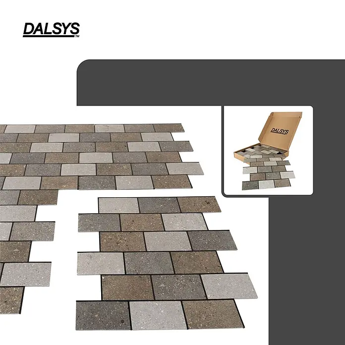 Dalsys Wandfliese 0,87m² Selbstklebende Fliesen Steinoptik 11 Stück Natur Braun Grau - 26,4 x 30,1 cm, Braun - DALSYS Pflastersteine in Grau- und Brauntönen, teils verlegt, teils im Produktkarton.