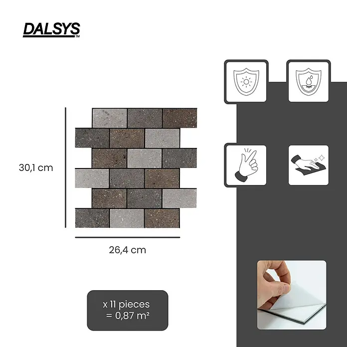 Dalsys Wandfliese 0,87m² Selbstklebende Fliesen Steinoptik 11 Stück Natur Braun Grau - 26,4 x 30,1 cm, Braun - Selbstklebende Mosaikfliesen, grau-braune Steinoptik, 30,1x26,4 cm. Einfache Anbringung, Reinigung, UV-/wasserbeständig. 11 Stk = 0,87 m².