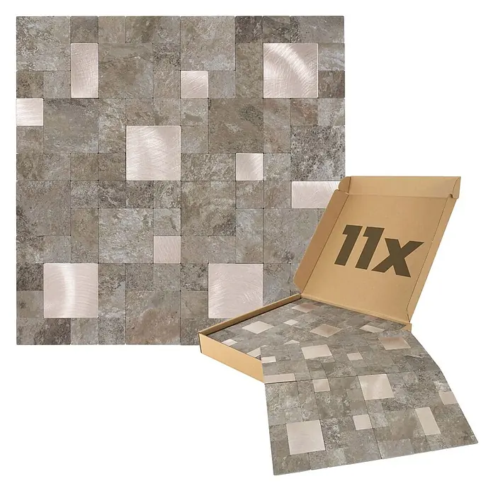 Dalsys Wandfliese 1m² Selbstklebende Fliesen Steinoptik Quadrat/Rechteck 11 Stück Beige Gold - Beige - Mosaikfliesenmatte aus Naturstein und gebürsteten Roségold-Metallquadraten, eine flach, die andere in einer "11x"-Box.