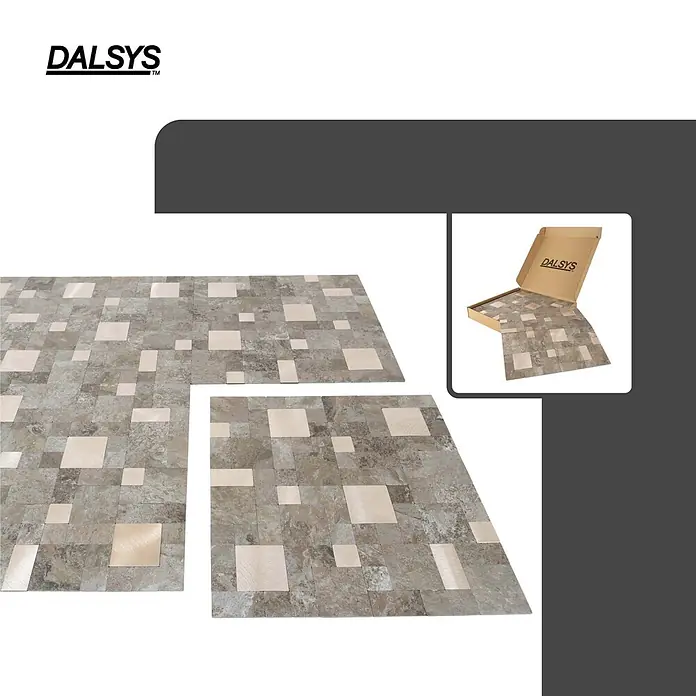 Dalsys Wandfliese 1m² Selbstklebende Fliesen Steinoptik Quadrat/Rechteck 11 Stück Beige Gold - Beige - Mosaik-Bodenfliesen aus grau-braunen und hellbeige-cremefarbenen quadratischen und rechteckigen Stücken. Eine Schachtel DALSYS-Fliesen ist ebenfalls zu sehen.