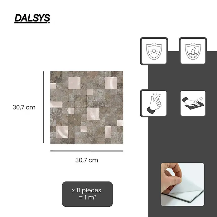 Dalsys Wandfliese 1m² Selbstklebende Fliesen Steinoptik Quadrat/Rechteck 11 Stück Beige Gold - Beige - Quadratische Mosaikfliesenplatte (30,7x30,7 cm) mit Steinoptik- und Metallquadraten, selbstklebend, UV-geschützt, wasserfest, leicht zu reinigen.