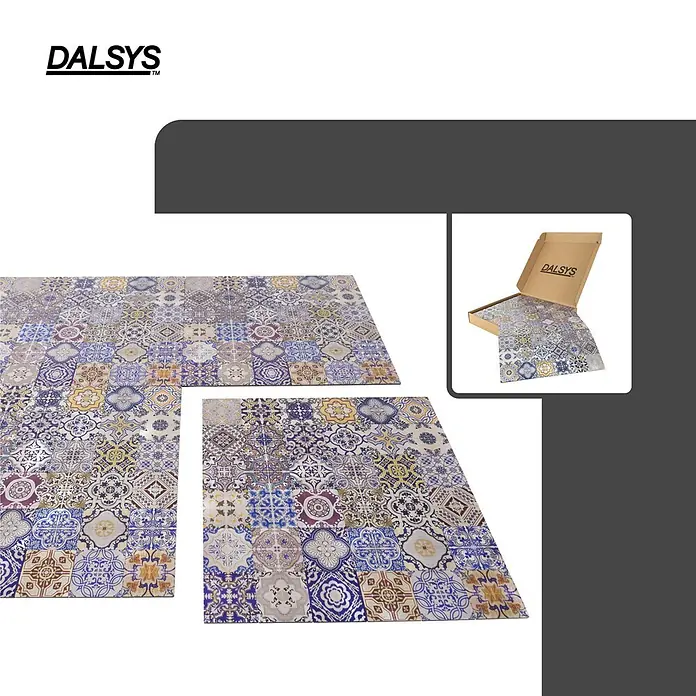 Dalsys Wandfliese 1m² Selbstklebende Fliesen bunte Ornamente 11 Stück Lissabon - 30,5 x 30,5 cm, Mehrfarbig - DALSYS gemusterte Bodenmatten mit farbigem Mosaikdesign, ein Set in seiner braunen Verpackung.