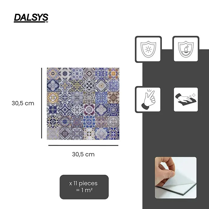 Dalsys Wandfliese 1m² Selbstklebende Fliesen bunte Ornamente 11 Stück Lissabon - 30,5 x 30,5 cm, Mehrfarbig - Selbstklebende 30,5 cm Mosaikfliesen. UV- und wasserfest, einfach anzubringen und zu reinigen. 11 Stück decken 1 m² ab.