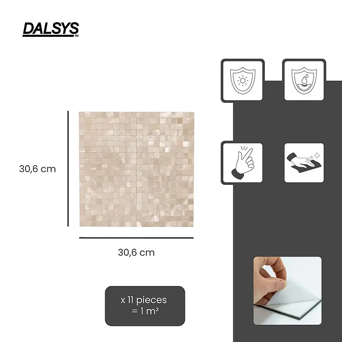 Dalsys Wandfliese 1m² Selbstklebende Fliesen Aluoptik Quadrat 11 Stück Gold Champagne - 30,6 x 30,6 cm, Gelb - Helle beige DALSYS selbstklebende Mosaikfliese, 30,6x30,6cm, mit Perlmutt-Effekt. 11 Stück decken 1m² ab.