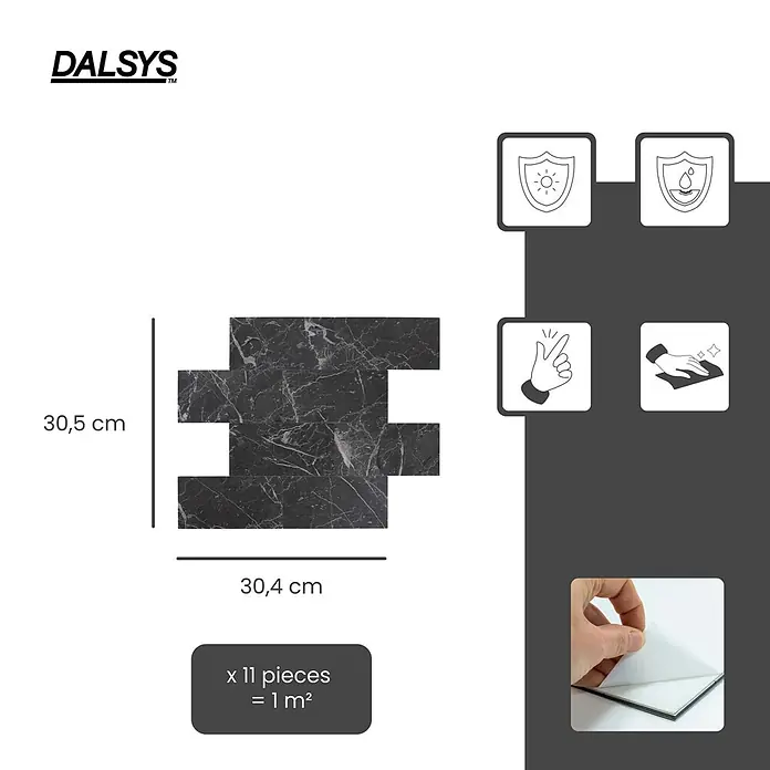 Dalsys Wandfliese 1m² Selbstklebende Fliesen Marmoroptik 11 Stück Anthrazit - 30,4 x 30,5 cm, Anthracite - Dunkelgraue Marmor-Effekt-Klebefliesen (30,5x30,4cm), wasserdicht, UV-geschützt, leicht anzubringen und zu reinigen. 11 Stück decken 1 m² ab.