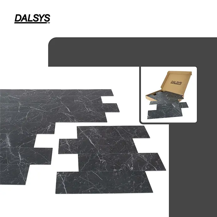 Dalsys Wandfliese 1m² Selbstklebende Fliesen Marmoroptik 11 Stück Anthrazit - 30,4 x 30,5 cm, Anthracite - Dunkelgraue selbstklebende Fliesen in Marmoroptik ausgelegt und einige in einer DALSYS-Box.
