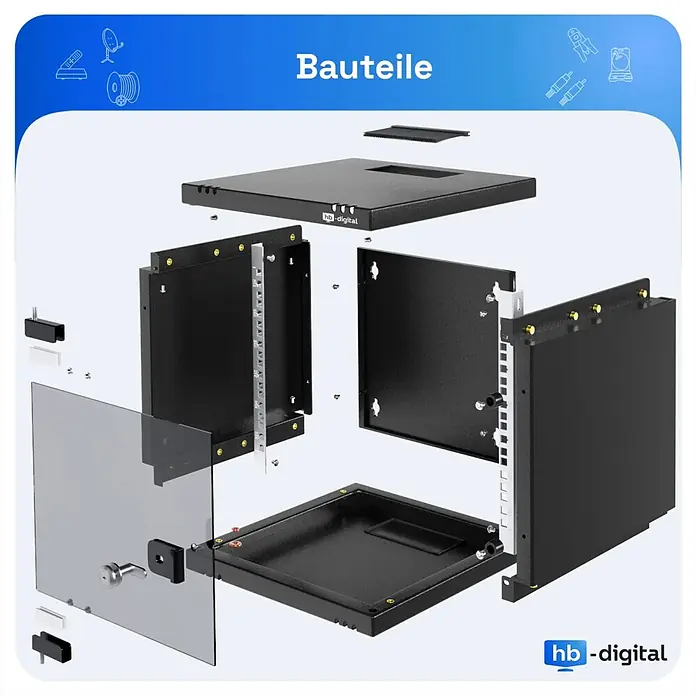 Schutzgehäuse hb-digital Netzwerkschrank 6-12HE 10 Zoll - 312 mm x 300 cm x 330 mm - Explosionsansicht: Schwarzer Metall-Wandverteilerschrank mit seinen Komponenten und einer Klarglastür.
