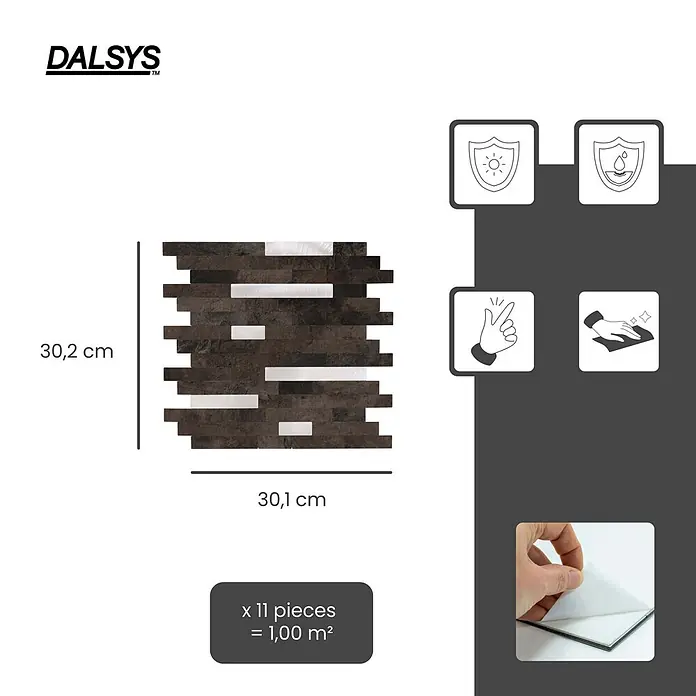Dalsys Wandfliese 1m² Selbstklebende Fliesen Stäbe 11 Stück Dunkelbraun Silber - 30,1 x 30,2 cm, Braun - DALSYS selbstklebende Wandfliesen, dunkelbraunes und weißes Mosaikdesign, 30,2 x 30,1 cm. UV- und wasserbeständig, einfache Anbringung und Reinigung.