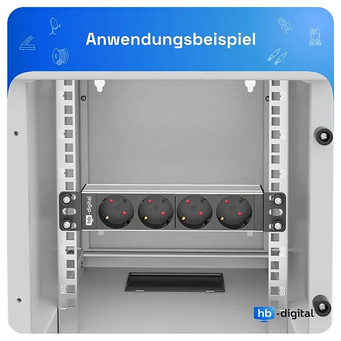 Steckdosenleiste hb-digital 4-fach 10 Zoll für Serverschrank 1HE - Schwarz, IP20, Ohne Schalter - Eine schwarze hb-digital 1HE Mehrfachsteckdosenleiste mit 4 Schuko-Steckdosen, montiert in einem grauen Netzwerkschrank.