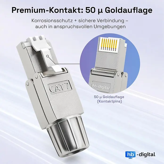 Netzwerk-Stecker hb-digital CAT7 schmal RJ45 LSA STP Zinklegierung - Verzinkt, Silber, Für Drahtdurchmesser (isoliert): 6 bis 7,5 mm - Silberner CAT 7 RJ45-Stecker mit 50μ vergoldeten Kontaktstiften für Premium-Korrosionsschutz und sichere Verbindung.