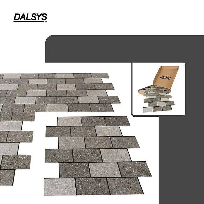 Dalsys Wandfliese 0,87m² Selbstklebende Fliesen Steinoptik 11 Stück Natur Grau Mix - 26,4 x 30,1 cm, Silber - Dalsys grau-hellgraue Fliesen im Ziegelmuster, verlegt und in einer Schachtel.