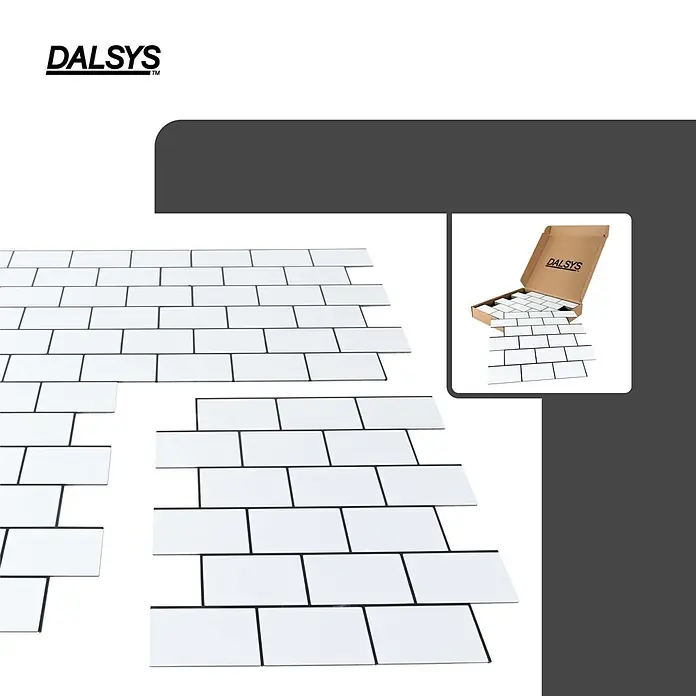 Dalsys Wandfliese 0,87m² Selbstklebende Fliesen Steinoptik 11 Stück Natur Weiß - 26,4 x 30,1 cm, Weiß - Weiße selbstklebende U-Bahn-Fliesen mit schwarzem Fugenmörtel, ausgelegt und in einer Box.