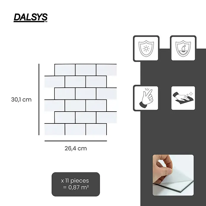 Dalsys Wandfliese 0,87m² Selbstklebende Fliesen Steinoptik 11 Stück Natur Weiß - 26,4 x 30,1 cm, Weiß - Weiße selbstklebende Metrofliesen mit Maßen (30,1 x 26,4 cm) und Symbolen für UV-, Wasserschutz, einfache Anbringung & Reinigung.