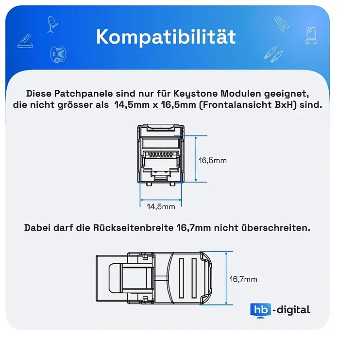 Verteiler Patchpanel 10" 12-Port 1HE Keystone Jack Modul - Schwarz - Technisches Diagramm zur Keystone-Modul-Kompatibilität: Vorderansicht (14,5x16,5mm) und Rückseitenbreite (max. 16,7mm).