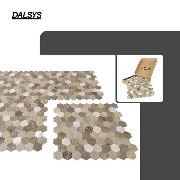 Dalsys Wandfliese 0,88m² Selbstklebende Fliesen Hexagon 11 Stück Beige Silber - 29 x 27,7 cm, Beige - Sechseckige Mosaikfliesen in Erdtönen und schimmerndem Weiß, ausgelegt und in einer Schachtel.