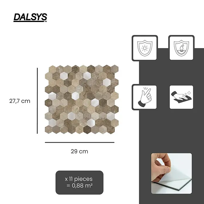 Dalsys Wandfliese 0,88m² Selbstklebende Fliesen Hexagon 11 Stück Beige Silber - 29 x 27,7 cm, Beige - Selbstklebende sechseckige Mosaikfliesen in Braun, Beige und Metallic, mit Abmessungen und Deckung.