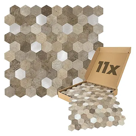 Dalsys  Wandfliese 0,88m² Selbstklebende Fliesen Hexagon 11 Stück Beige Silber
