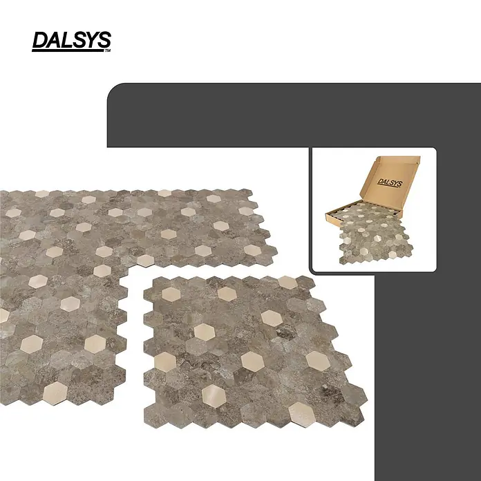 Dalsys Wandfliese 0,88m² Selbstklebende Fliesen Hexagon 11 Stück Braun Gold - 29 x 27,7 cm, Braun - Hexagonale Mosaikfliesen in Grau/Braun mit goldenen Metalleinsätzen, als Matten und in einer Box.