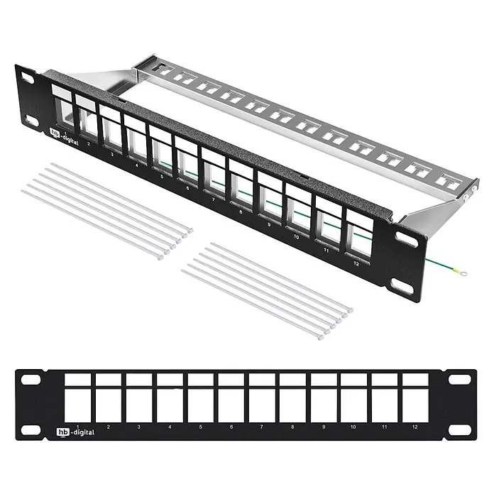 Verteiler Patchpanel 10" 12-Port 1HE Keystone Jack Modul - Schwarz - Schwarzes 12-Port Rackmount Patchpanel für Netzwerkkabel, nummerierte Anschlüsse.