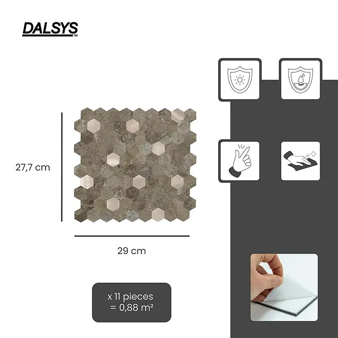 Dalsys Wandfliese 0,88m² Selbstklebende Fliesen Hexagon 11 Stück Braun Gold - 29 x 27,7 cm, Braun - Selbstklebende sechseckige Mosaikfliesen, braun-graue Steinoptik & gebürstetes Metall, strapazierfähig & leicht zu reinigen. Blatt 27.7x29cm.