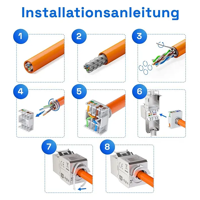 Netzwerk-Stecker hb-digital CAT 6a RJ45 LSA-Öffnung werkzeuglos Zinklegierung Keystone Modul - Silber, Drahtdurchmesser (isoliert): 1,2 bis 1,35 mm, Kabeldurchmesser: 5 - 7,5 mm - Installationsanleitung für ein oranges Ethernet-Kabel und eine Metall-Keystone-Buchse.