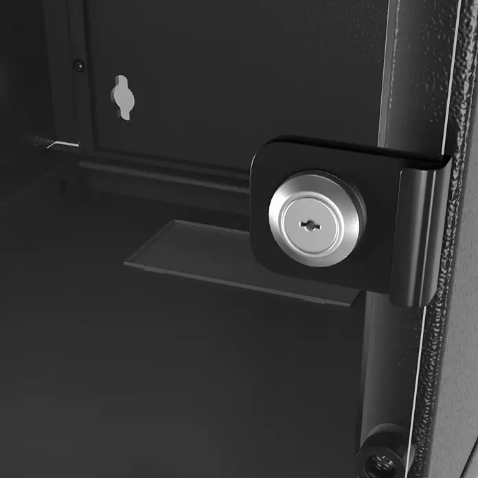 Schutzgehäuse hb-digital Netzwerkschrank 6-12HE 10 Zoll - 312 mm x 300 cm x 330 mm - Innenansicht eines schwarzen Metall-Sicherheitsschranks mit silbernem Schlüsselschloss und einem kleinen Fach.