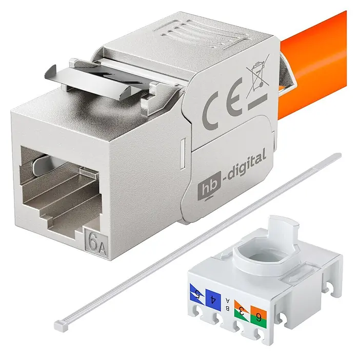 Netzwerk-Stecker hb-digital CAT 6a RJ45 LSA-Öffnung werkzeuglos Zinklegierung Keystone Modul - Silber, Drahtdurchmesser (isoliert): 1,2 bis 1,35 mm, Kabeldurchmesser: 5 - 7,5 mm - Silbernes Cat 6A Netzwerk-Keystone-Modul mit orangefarbenem Kabel, Kabelbinder und IDC-Anschlussblock.