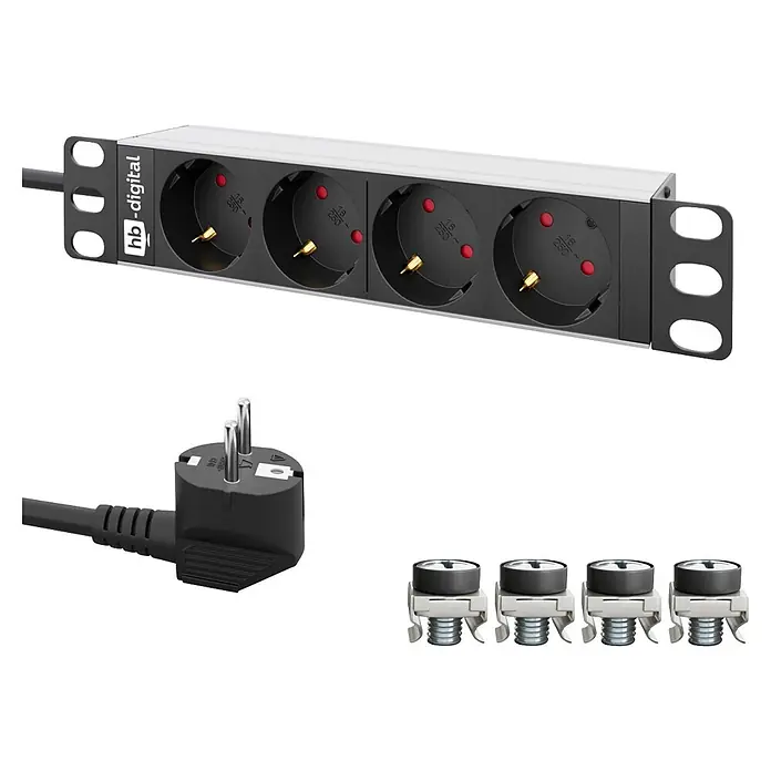 Steckdosenleiste hb-digital 4-fach 10 Zoll für Serverschrank 1HE - Schwarz, IP20, Ohne Schalter - Schwarze/weiße 4-fach Rack-Steckdosenleiste mit Schuko-Anschlüssen, Stecker und Montageschrauben.