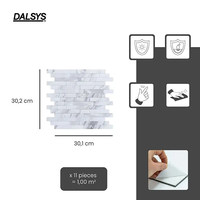 Dalsys Wandfliese 1m² Selbstklebende Fliesen Stäbe 11 Stück Weiß Silber - 30 x 30,1 cm, Weiß - Weiße Marmoroptik-Mosaikfliesen, selbstklebend, 30,1x30,2 cm, UV- und wasserbeständig, einfach zu verlegen und zu reinigen.