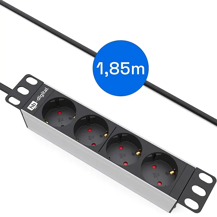 Steckdosenleiste hb-digital 4-fach 10 Zoll für Serverschrank 1HE - Schwarz, IP20, Ohne Schalter - Silberne Steckerleiste mit drei schwarzen Steckdosen und 1,85m langem schwarzem Kabel.