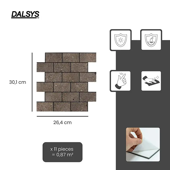 Dalsys Wandfliese 0,87m² Selbstklebende Fliesen Steinoptik 11 Stück Natur Braun - 26,4 x 30,1 cm, Braun - Strukturierte, dunkelgrau-braune selbstklebende Ziegelstein-Wandpaneele, 30,1 x 26,4 cm. 11 Stück decken 0,87 m² ab.