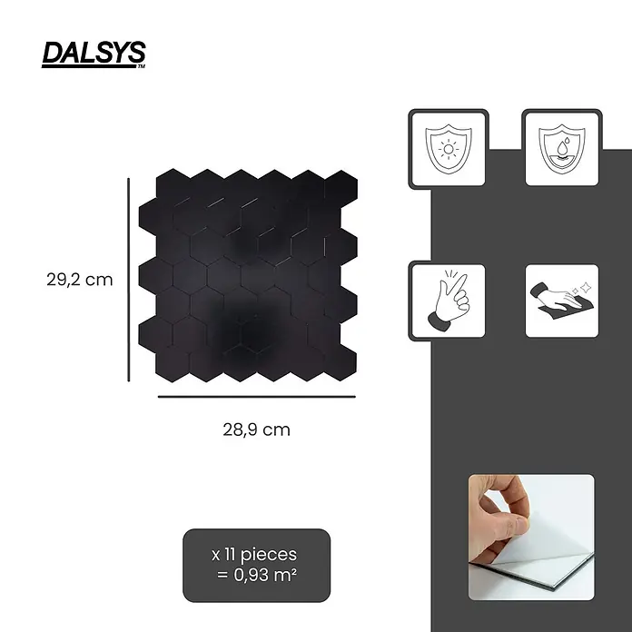 Dalsys Wandfliese 1m² Selbstklebende Fliesen Wabenmuster 11 Stück Schwarz - 28,9 x 29,2 cm, Schwarz - Selbstklebende schwarze Sechseckfliesen, 29,2 x 28,9 cm. Wasser- und UV-beständig, 11 Stück decken 0,93 m² ab.