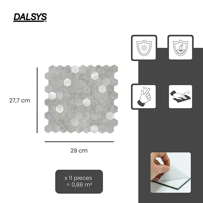 Dalsys Wandfliese 0,88m² Selbstklebende Fliesen Hexagon 11 Stück Hellgrau Silber - 29 x 27,7 cm, Silber - Graue und silberne selbstklebende sechseckige Mosaikfliesen zur einfachen Installation.