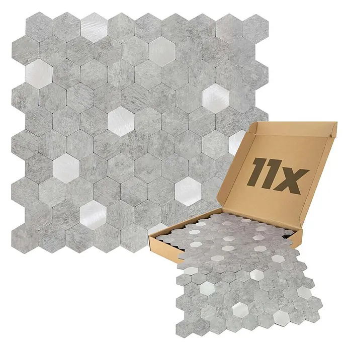 Dalsys Wandfliese 0,88m² Selbstklebende Fliesen Hexagon 11 Stück Hellgrau Silber - 29 x 27,7 cm, Silber - Hexagonale Mosaikfliesen in Betonoptik Grau und gebürstetem Silber, 11 Matten im Karton.