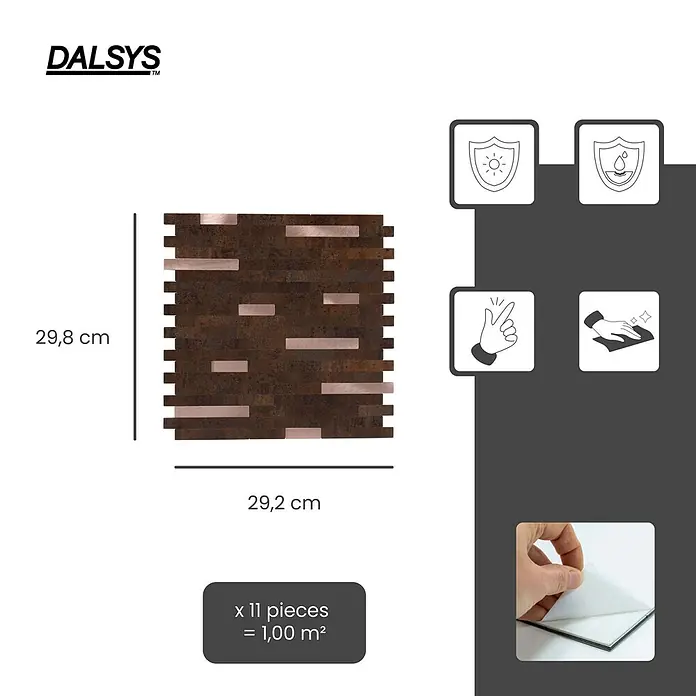 Dalsys Wandfliese 1m² Selbstklebende Fliesen Marmor- und Steinoptik 11 Stück Rost Kupfer - 29,2 x 29,8 cm, Rot - DALSYS selbstklebende Mosaikfliesenmatte mit braunen und kupferfarbenen Rechteckstücken, 29,8x29,2 cm.