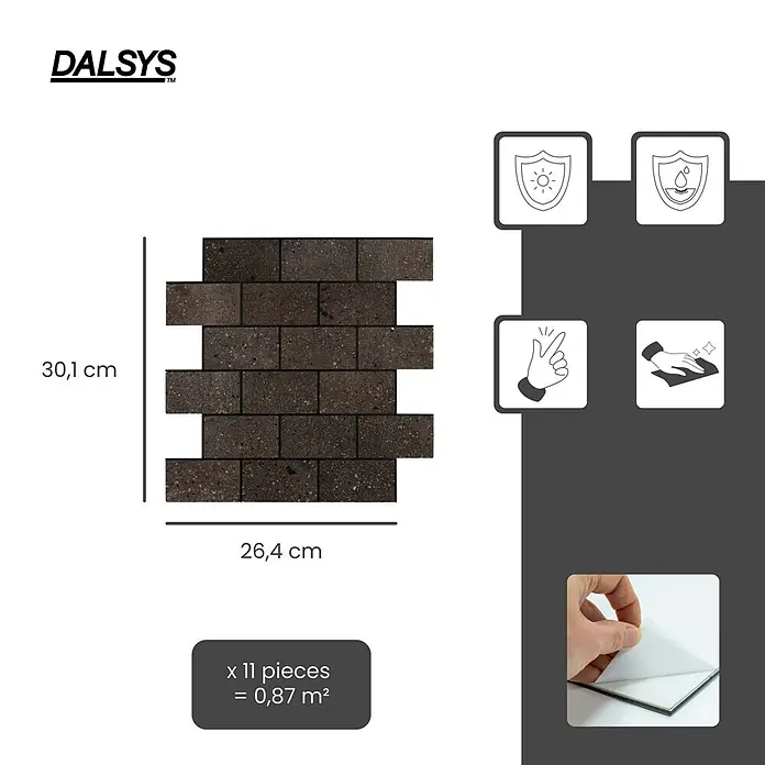 Dalsys Wandfliese 0,87m² Selbstklebende Fliesen Steinoptik 11 Stück Natur Dunkelbraun - 26,4 x 30,1 cm, Braun - Selbstklebende dunkelbraune Ziegelstein-Dekorfliesen (30,1 x 26,4 cm), robust und leicht anzubringen/reinigen. 11 Stück decken 0,87 m² ab.