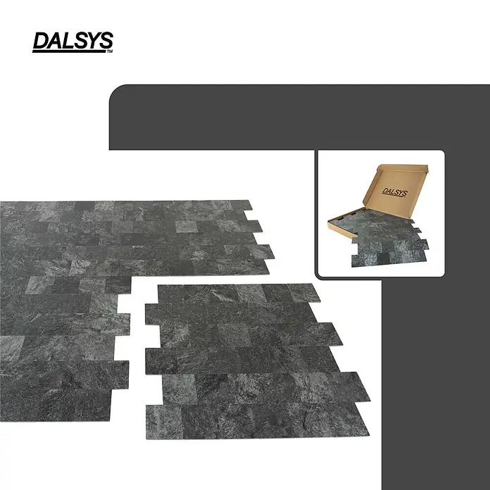 Dalsys Wandfliese 1m² Selbstklebende Fliesen Steinoptik 11 Stück Anthrazit - 30,6 x 30,6 cm, Anthracite - Dunkelgraue, strukturierte, ineinandergreifende Bodenfliesen, ausgelegt und in einer DALSYS-Box.