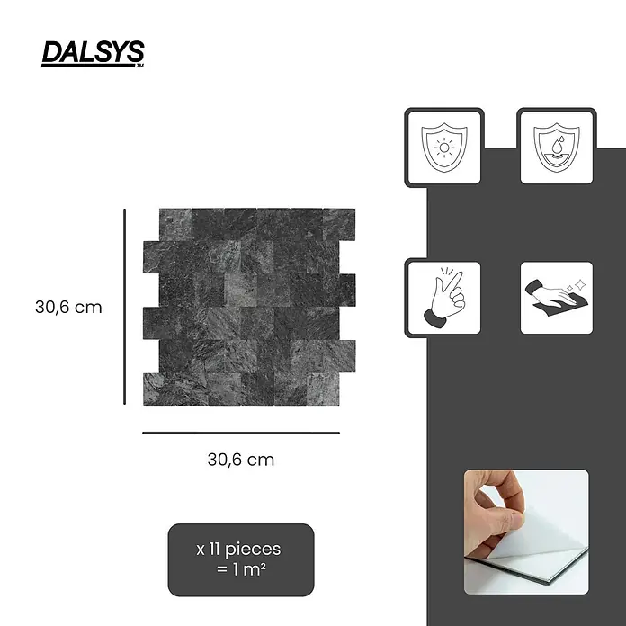 Dalsys Wandfliese 1m² Selbstklebende Fliesen Steinoptik 11 Stück Anthrazit - 30,6 x 30,6 cm, Anthracite - Selbstklebende dunkelgraue Steinmosaikfliesen, 30,6x30,6 cm. Wasserfest, UV-beständig, einfach anzubringen und zu reinigen.