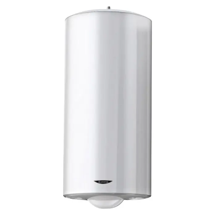 Ariston Termo eléctrico Pro B - 150 l, 1.800 W, Montaje en la pared, Blanco - Calentador de agua cilíndrico blanco con base redondeada.