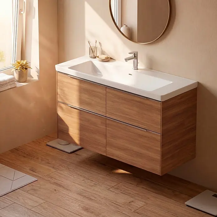 Villeroy & Boch Subway 3.0 Badmöbel-Set - Gesamtbreite Badmöbel: 127,2 cm, Kansas Oak, Hahnloch: Mitte, Waschbecken in Weiß Alpin ohne Spezialglasur, Eine große Waschschüssel - Wandhängende Badmöbelkombination in hellem Holz mit zwei Schubladen, integriertem weißem Waschbecken und Chromarmatur.