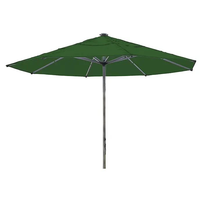 MFG Marktschirm rund - Dunkelgrün, Durchmesser Bespannung: 400 cm - Grüner Gartenschirm mit Mittelstange und Metallstreben, geöffnet als Sonnenschutz.