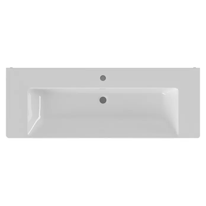 Villeroy & Boch Subway 3.0 Badmöbel-Set - Gesamtbreite Badmöbel: 127,2 cm, Brilliant White, Hahnloch: Mitte, Waschbecken in Weiß Alpin mit schmutzabweisender Glasur, Eine große Waschschüssel - Ansicht von oben auf ein weißes Keramik-Waschbecken mit einem Hahnloch und einem Überlaufschlitz über dem Abfluss.