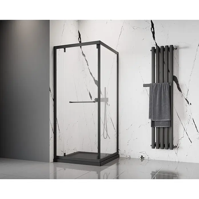 Camargue Eckdusche Verona - L x B x H: 90 x 90 x 195 cm, Schwarz, Glasstärke: 6 mm - Schwarz gerahmte Duschkabine mit Klarglas in einem modernen Badezimmer.
