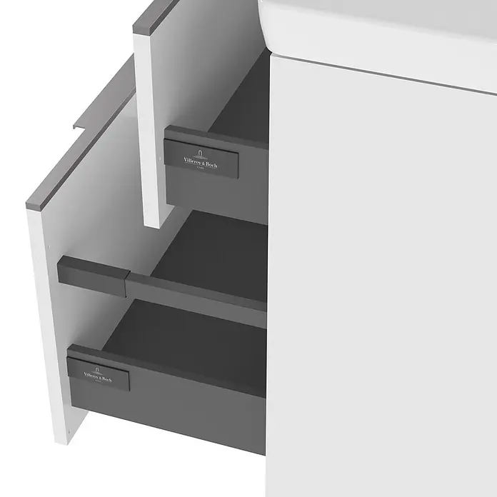 Villeroy & Boch Subway 3.0 Badmöbel-Set - Gesamtbreite Badmöbel: 127,2 cm, Brilliant White, Hahnloch: Ohne, Waschbecken in Weiß Alpin ohne Spezialglasur, Eine große Waschschüssel - Weißer Badezimmerschrank mit zwei offenen dunkelgrauen Schubladen, mit Villeroy & Boch Logo.