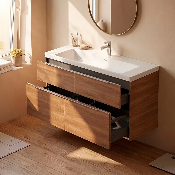 Villeroy & Boch Subway 3.0 Badmöbel-Set - Gesamtbreite Badmöbel: 127,2 cm, Kansas Oak, Hahnloch: Mitte, Waschbecken in Weiß Alpin ohne Spezialglasur, Eine große Waschschüssel - Wandhängender Badunterschrank mit weißem integriertem Waschbecken und hellen Holzschubladen, zwei davon offen, in einem sonnigen Badezimmer.