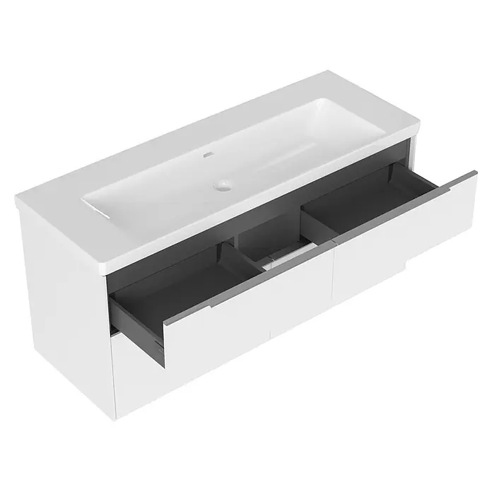 Villeroy & Boch Subway 3.0 Badmöbel-Set - Gesamtbreite Badmöbel: 127,2 cm, Brilliant White, Hahnloch: Ohne, Waschbecken in Weiß Alpin ohne Spezialglasur, Eine große Waschschüssel - Weißer Badezimmer-Waschtischunterschrank mit integriertem Waschbecken und zwei geöffneten dunkelgrauen Schubladen.