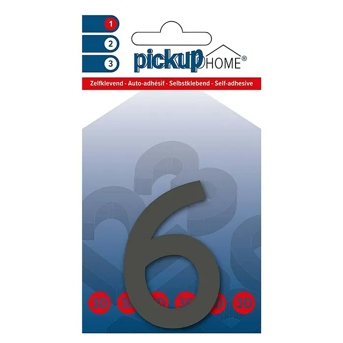 Pickup 3D Home Hausnummer Rio - Motiv: 6, Höhe: 6 cm, Grau, Kunststoff, Selbstklebend - Pickup Home selbstklebende Hausnummer "6" in Grau, ideal zur Kennzeichnung von Haustüren und Briefkästen.